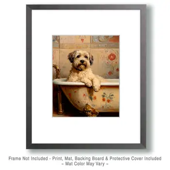 Soft Coated Wheaten Terrier in Bathtub - Pet Dog Still Life Wall Art Prints – 8″x10″ Artwork for 11″x14″ Frame