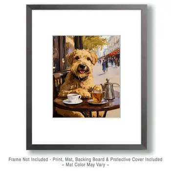 Soft Coated Wheaten Terrier Having Tea in Paris - Pet Dog Still Life Wall Art Prints – 8″x10″ Artwork for 11″x14″ Frame