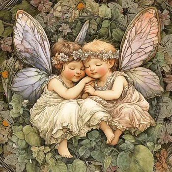Art Nouveau Two baby Fairies Sleeping - 8"x8" Art Prints