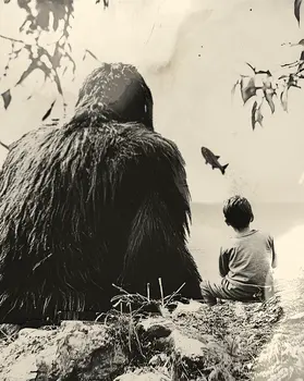Bigfoot and Boy and Silver Carp - Cryptids  8"x10" Artwork for 10"x12" Frame