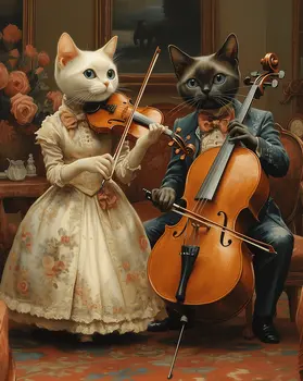 Kitten Couple Performing In-Home Concert - Anthropomorphic Cat Wall Art Prints – 8″x10″ Artwork for 11″x14″ Frame