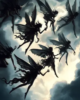 Coven of Goth Fairies in Flight  - Very Grim Fairytale Prints – 8″x10″ Artwork in 10″x12″ Mat