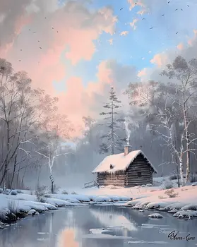 Cozy Winter Cabin - Classic Landscape 8"x8" Art Print