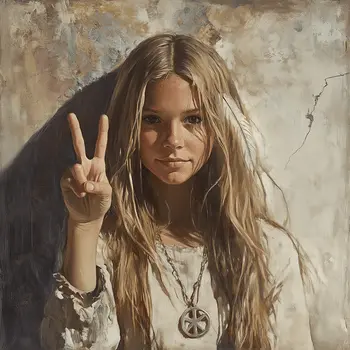 Hippie Girl Giving Peace Sign Art Print –  8″x8″ Artwork for 12″x12″ Frame