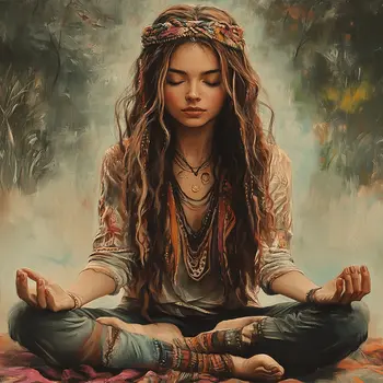 Hippie Girl Meditating Art Print –  8″x8″ Artwork for 12″x12″ Frame