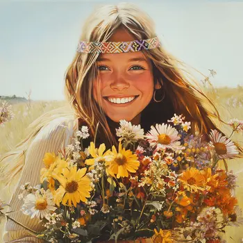 Hippie Girl and Wildflowers Art Print –  8″x8″ Artwork for 12″x12″ Frame