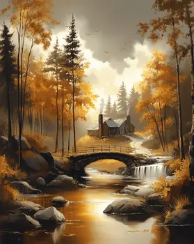Little Bridge in Autumn Landscape - Classic Landscape 8"x10" Art Print