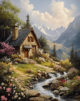Little European Charming Cottage - Classic Landscape 8"x8" Art Print