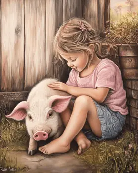 Charlotte and her Pig – 8″x8″ Artwork in 12″x12″ Mat