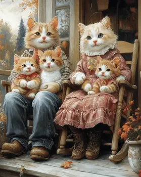 Proud Cat Parents with Kitten Kids  - Anthropomorphic Cat Wall Art Prints – 8″x10″ Artwork for 11″x14″ Frame