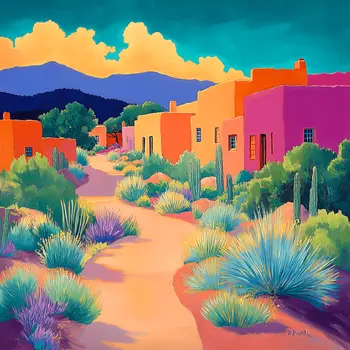 Saturated Adobe Village Landscape  8"x8" Art Print