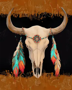 Skull with Feathers - Southwestern Art Prints 8"x10" Artwork