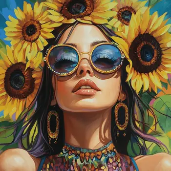 Sunflower Hippie Girl Art Print –  8″x8″ Artwork for 12″x12″ Frame