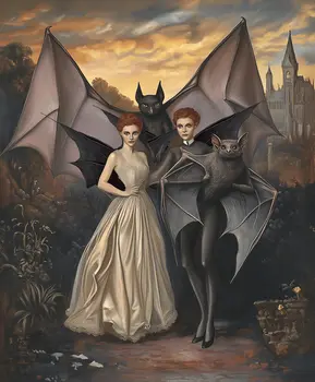 Twin Ginger Goth Fairies with Bats - Very Grim Fairytale Prints – 8″x10″ Artwork in 10″x12″ Mat