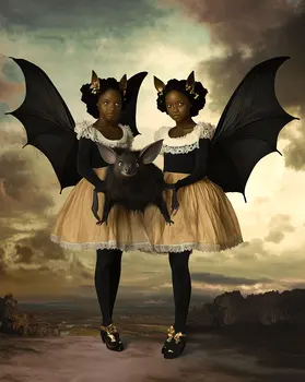 Twin Tween Goth Fairies and Pet Bat - Very Grim Fairytale Prints – 8″x10″ Artwork in 10″x12″ Mat