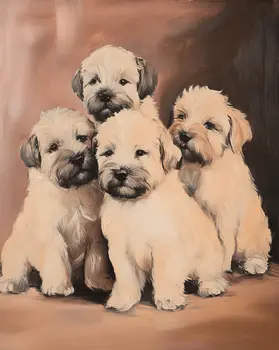 Wheaten Terrier Puppies Quartet - Pet Dog Still Life Wall Art Prints – 8″x10″ Artwork for 11″x14″ Frame
