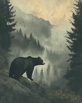Vintage Black Bear in Mountains - Wildlife Art Prints – 8″x10″ Artwork for 11″x14″ Frame