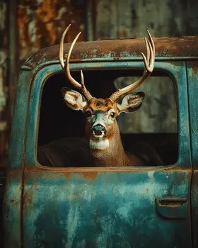 Buck Deer Looking Out Pickup Window - Wildlife Art Prints – 8″x10″ Artwork for 11″x14″ Frame