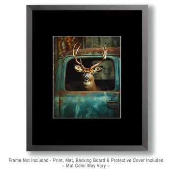 Buck Deer Looking Out Pickup Window - Wildlife Art Prints – 8″x10″ Artwork for 11″x14″ Frame