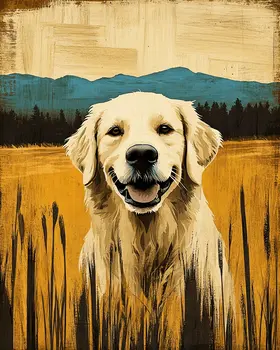 Vintage Golden Retriever in Field - Pet Modern Art Prints – 8″x10″ Artwork for 11″x14″ Frame