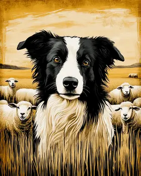 Vintage Border Collie with Sheep - Pet Modern Art Prints – 8″x10″ Artwork for 11″x14″ Frame