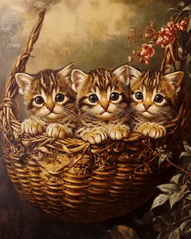 Three Ocelot Kittens in a Basket - Animal Still Life Art Prints – 8″x10″ Artwork for 11″x14″ Frame