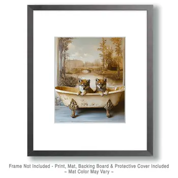 Two Wolf Cubs in Antique Bathtub - Bathroom Wall Art Prints – 8″x10″ Artwork for 11″x14″ Frame
