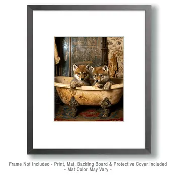 Wolf Babies in Antique Bathtub - Bathroom Wall Art Prints – 8″x10″ Artwork for 11″x14″ Frame