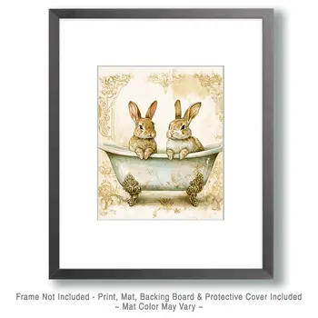 Rabbit Babies in Antique Bathtub - Bathroom Wall Art Prints – 8″x10″ Artwork for 11″x14″ Frame