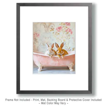 Baby Bunnies in Antique Bathtub - Bathroom Wall Art Prints – 8″x10″ Artwork for 11″x14″ Frame