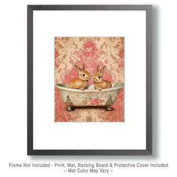 Baby Rabbits in Antique Bathtub - Bathroom Wall Art Prints – 8″x10″ Artwork for 11″x14″ Frame