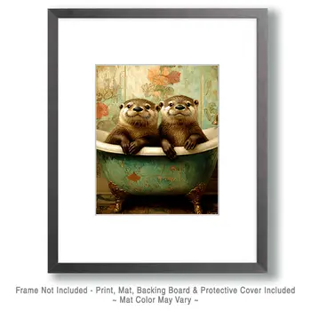 Otter Kits in Antique Bathtub - Bathroom Wall Art Prints – 8″x10″ Artwork for 11″x14″ Frame