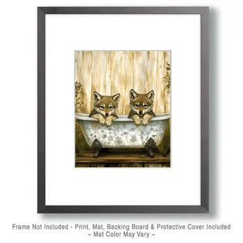 Baby Wolves in Antique Bathtub - Bathroom Wall Art Prints – 8″x10″ Artwork for 11″x14″ Frame
