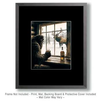 Bigfoot Watches a Bull Elk - Cryptids  8"10" Artwork for 11"x12" Frame