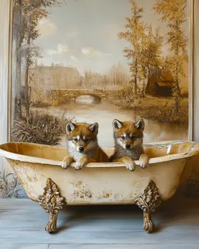 Two Wolf Cubs in Antique Bathtub - Bathroom Wall Art Prints – 8″x10″ Artwork for 11″x14″ Frame