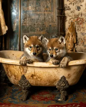 Wolf Babies in Antique Bathtub - Bathroom Wall Art Prints – 8″x10″ Artwork for 11″x14″ Frame
