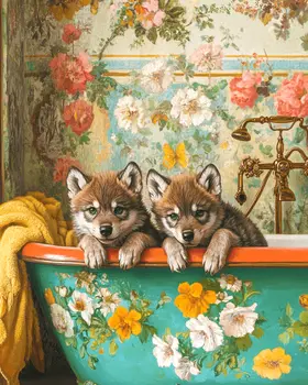 Wolf Cubs in an Antique Bathtub - Bathroom Wall Art Prints – 8″x10″ Artwork for 11″x14″ Frame