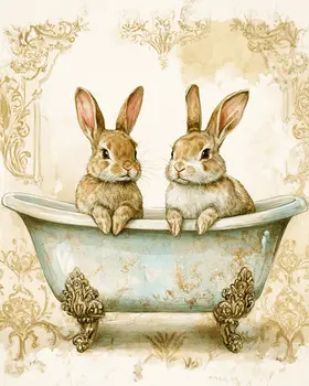 Rabbit Babies in Antique Bathtub - Bathroom Wall Art Prints – 8″x10″ Artwork for 11″x14″ Frame