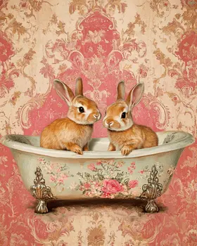Baby Rabbits in Antique Bathtub - Bathroom Wall Art Prints – 8″x10″ Artwork for 11″x14″ Frame