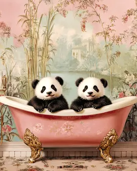 Panda Cubs in Antique Bathtub - Bathroom Wall Art Prints – 8″x10″ Artwork for 11″x14″ Frame