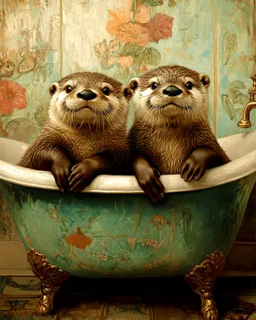 Otter Kits in Antique Bathtub - Bathroom Wall Art Prints – 8″x10″ Artwork for 11″x14″ Frame