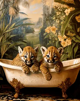 Mountain Lion Babies in Antique Bathtub - Bathroom Wall Art Prints – 8″x10″ Artwork for 11″x14″ Frame