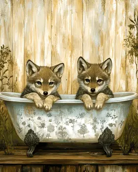 Baby Wolves in Antique Bathtub - Bathroom Wall Art Prints – 8″x10″ Artwork for 11″x14″ Frame