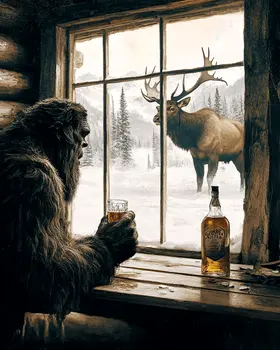 Bigfoot Watches a Bull Elk - Cryptids  8"10" Artwork for 11"x12" Frame