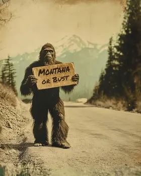 Bigfoot Hitchhiking to Montana - Cryptids  8"10" Artwork for 11"x12" Frame