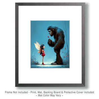 Fairy Gives Bigfoot a Flower Art Print - 8"x10" Artwork