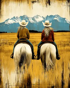 Vintage Cowgirls Riding on Prarie - American West Art Prints