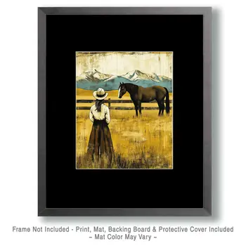 Vintage Cowgirl with Horse on American Prarie - American West Art Prints