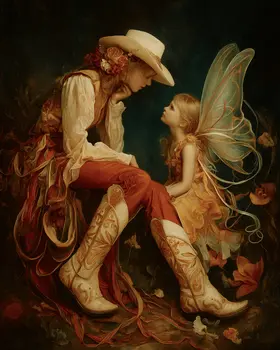 Fairy Asking Cowgirl for Help Western Art Print - 8"x10" Artwork