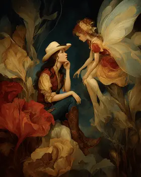 Fairy Telling Cowgirl a Story Western Art Print - 8"x10" Artwork